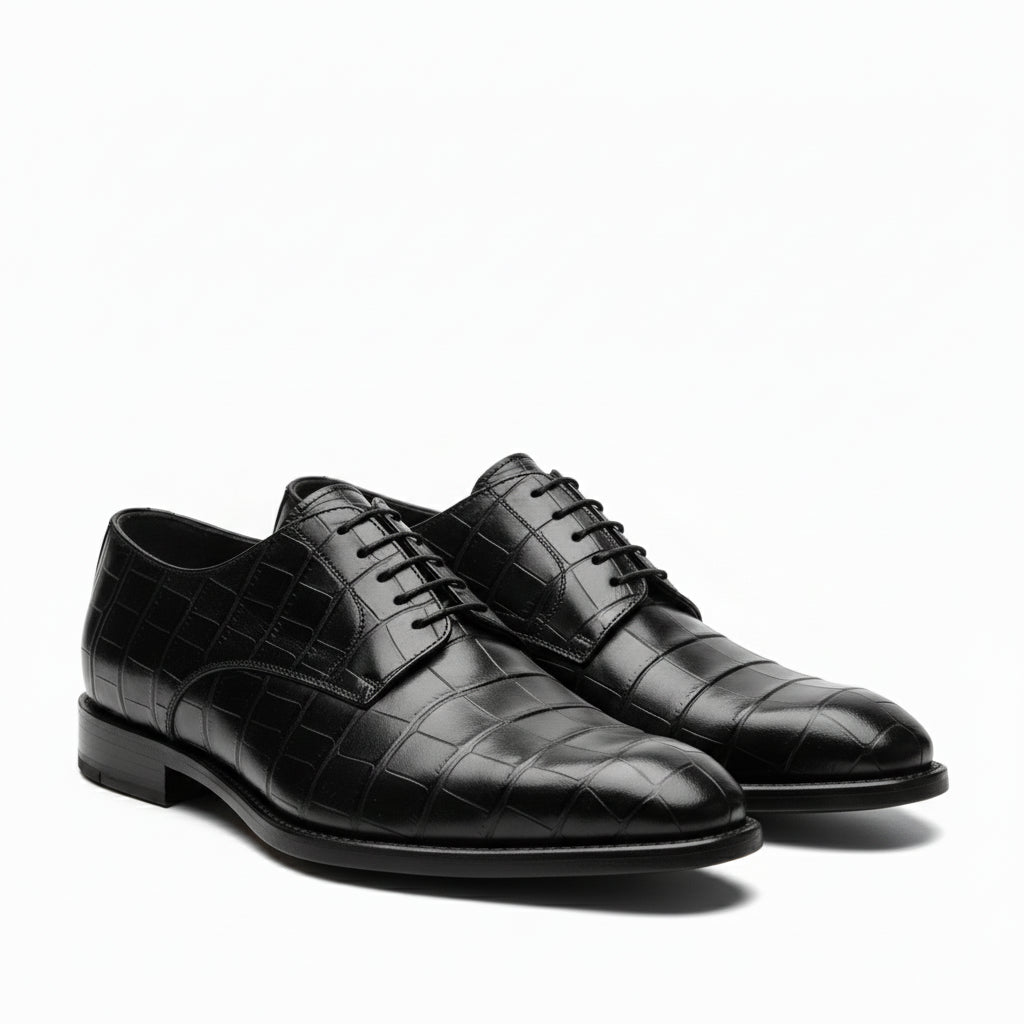 model-sitting - Men's Black Alligator Leather Oxford Shoes