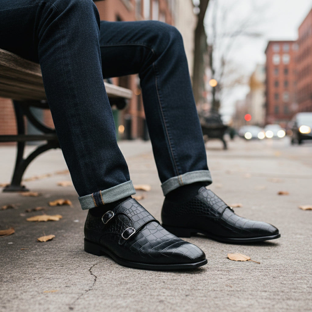 model-sitting - Men's Black Alligator Texture Monk Shoes with Buckle