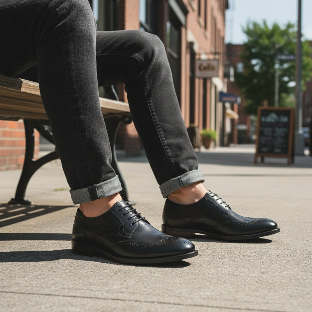 model-sitting - Men's Black & Brown Leather Wingtip Dress Shoes