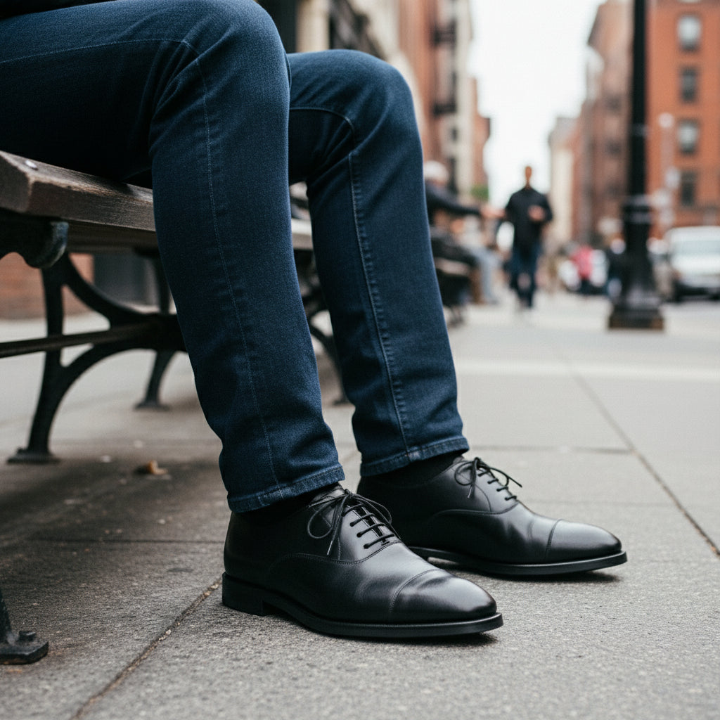 model-sitting - Men's Black Calf Leather Oxford Dress Shoes