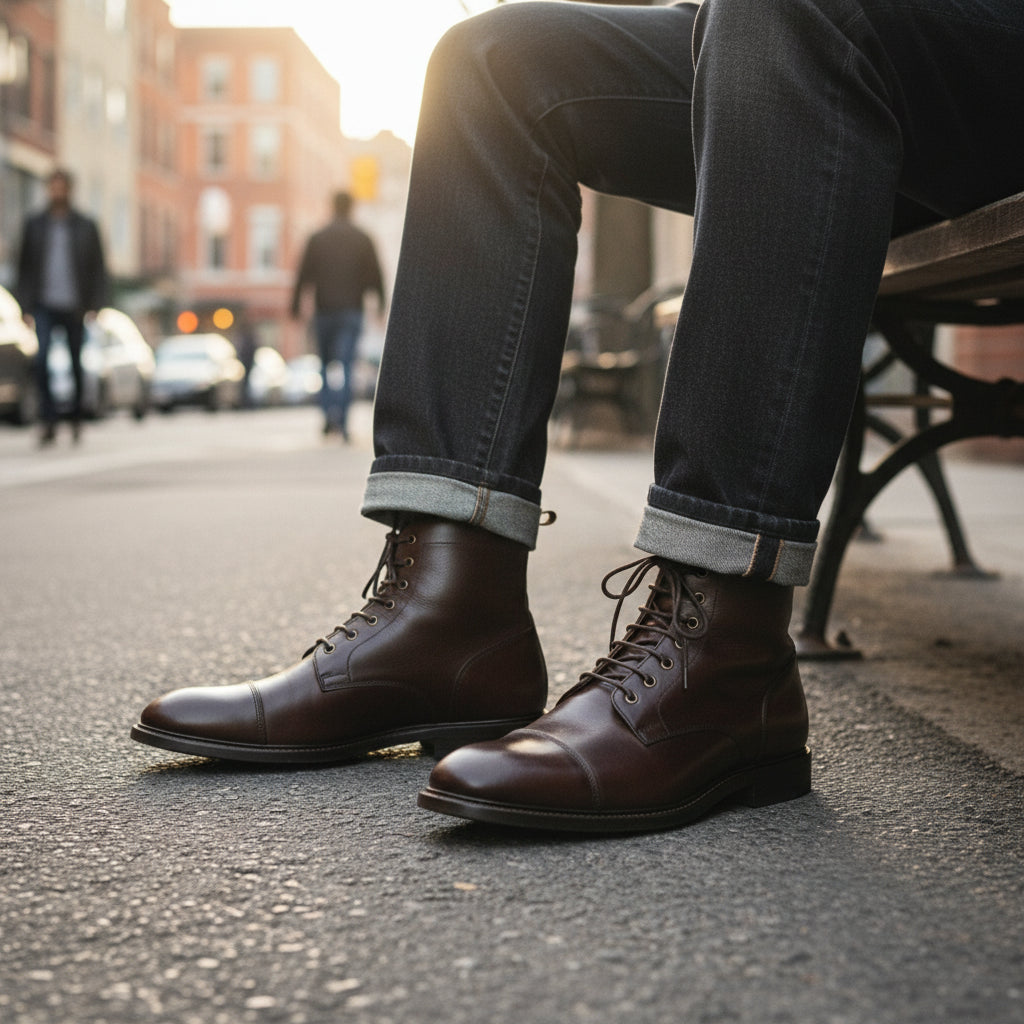 model-sitting - Men's Black Cap-Toe Leather Ankle Boots