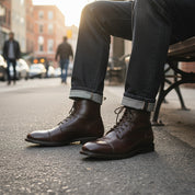 model-sitting - Men's Black Cap-Toe Leather Ankle Boots
