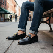 model-sitting - Men's Black Cow Leather Casual Loafers