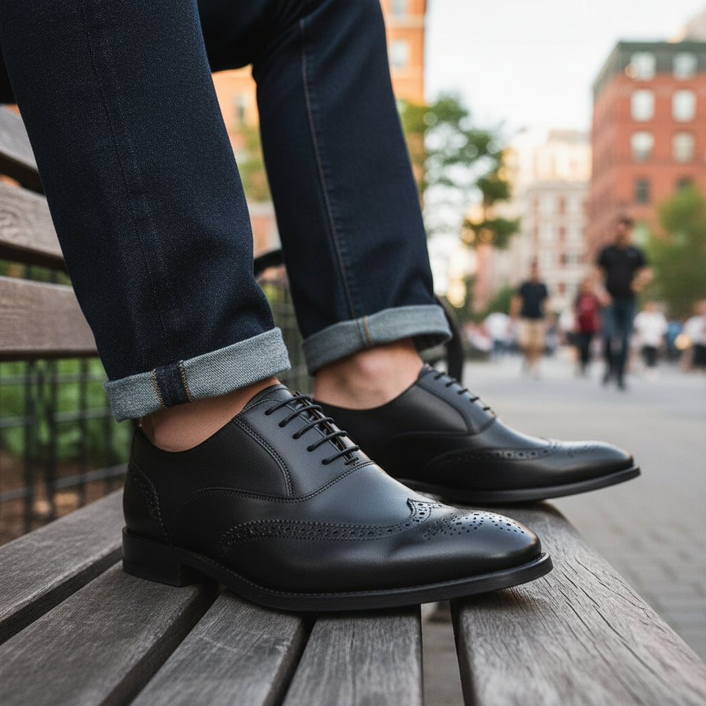 model-sitting - Men's Black Cow Leather Wingtip Brogues Dress Shoes