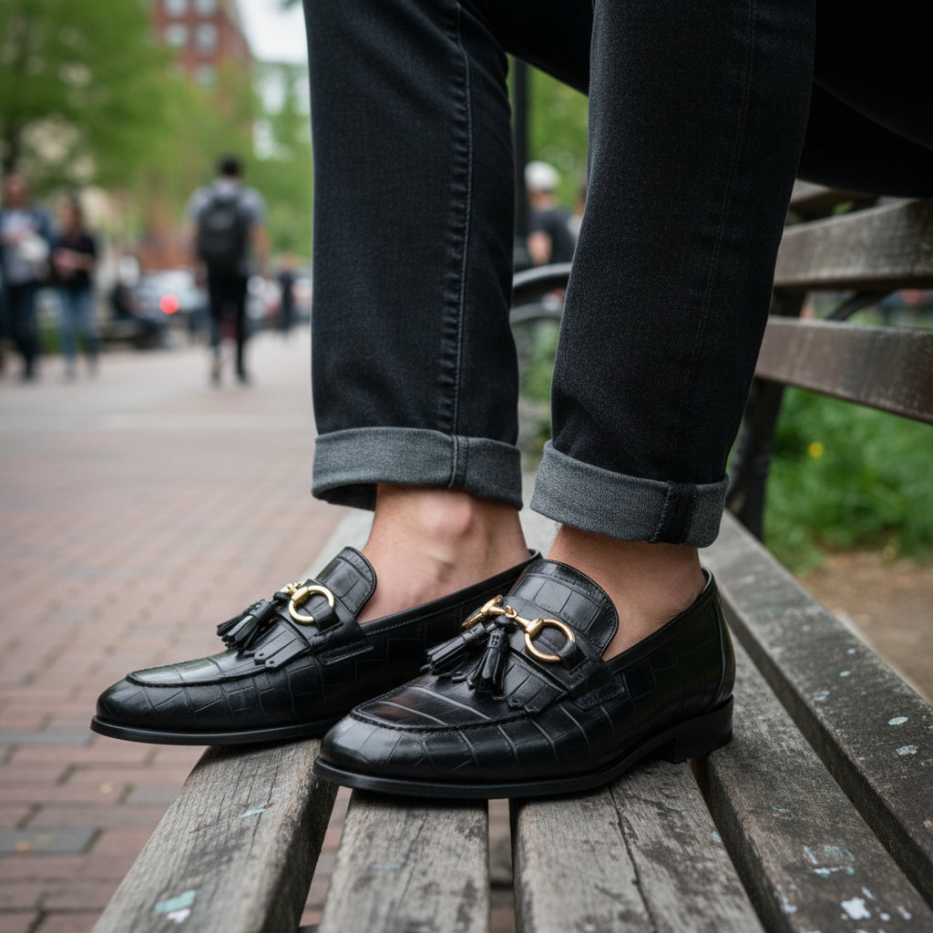 model-sitting - Men's Black Crocodile Leather Fringe Moccasins