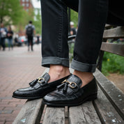 model-sitting - Men's Black Crocodile Leather Fringe Moccasins