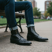 model-sitting - Men's Black Crocodile Leather Lace-Up Boots