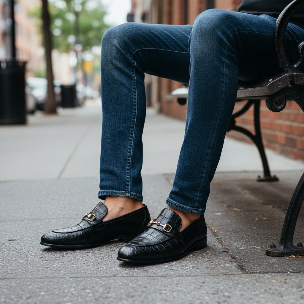 model-sitting - Men's Black Crocodile Leather Moccasin Loafers