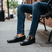 model-sitting - Men's Black Crocodile Leather Moccasin Loafers