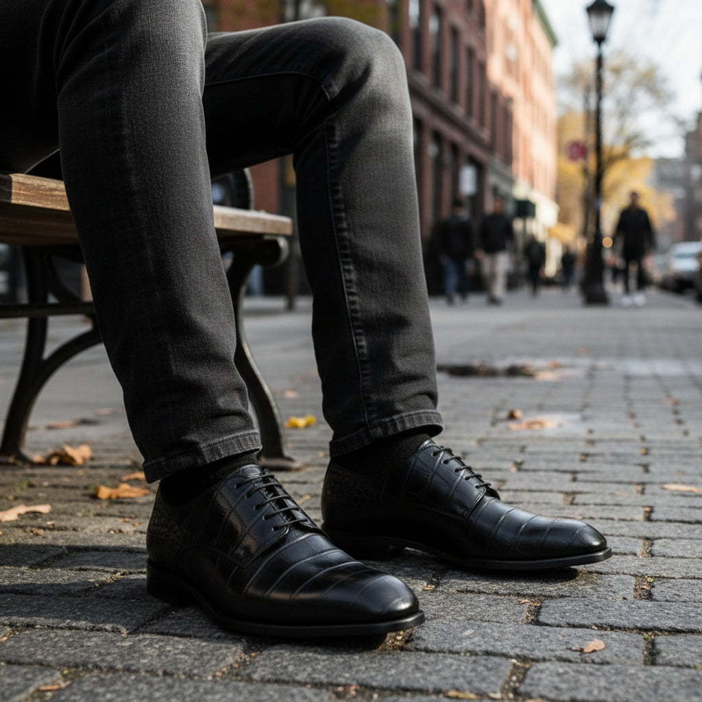 model-sitting - Men's Black Crocodile Leather Oxford Shoes