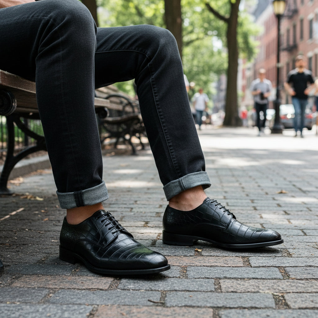 model-sitting - Men's Black Crocodile Patterned Leather Oxfords