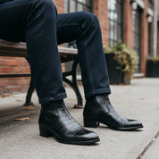 model-sitting - Men's Black Crocodile Zipper Leather Boots
