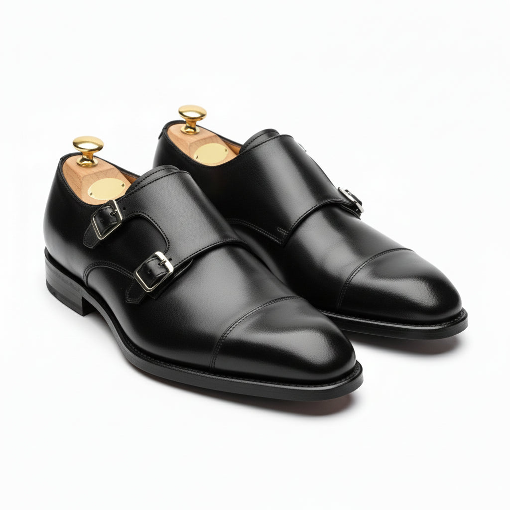model-sitting - Men's Black Double Monk Leather Dress Shoes