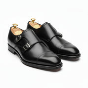 model-sitting - Men's Black Double Monk Leather Dress Shoes