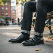 model-sitting - Men's Black Double Monk Strap Leather Shoes