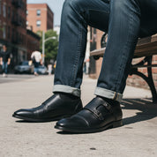 model-sitting - Men's Black Double Monk Strap Leather Shoes