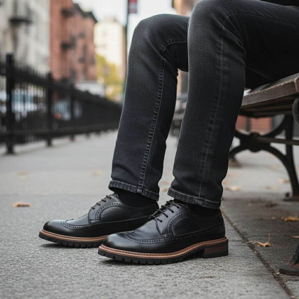 model-sitting - Men's Black Genuine Leather Brogue Dress Shoes