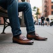 model-sitting - Men's Black Genuine Leather Formal Penny Loafer Shoes