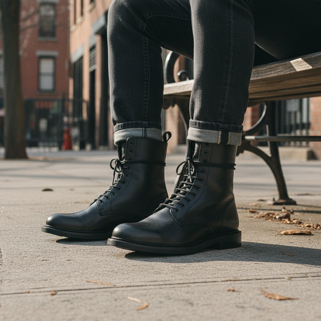 model-sitting - Men's Black Genuine Leather Lace-Up Combat Boots