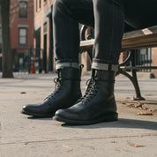model-sitting - Men's Black Genuine Leather Lace-Up Combat Boots