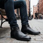 model-sitting - Men's Black Leather Ankle Boots with Monk Closure