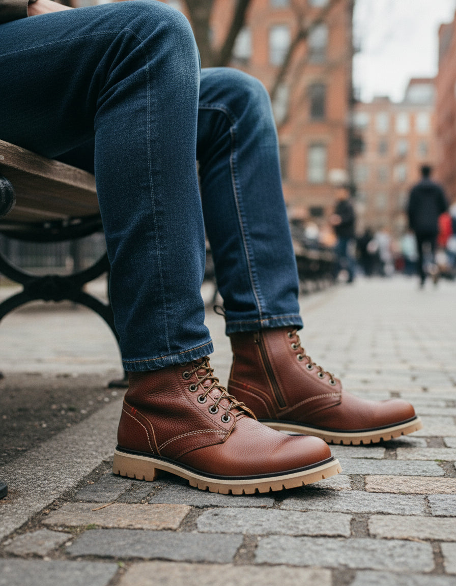 model-sitting - Men's Black Leather Biker Boots