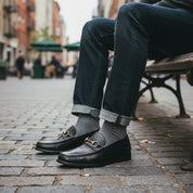 model-sitting - Men's Black Leather Buckle Loafer Shoes