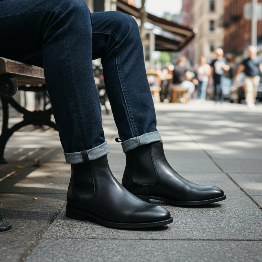 model-sitting - Men's Black Leather Chelsea Boots
