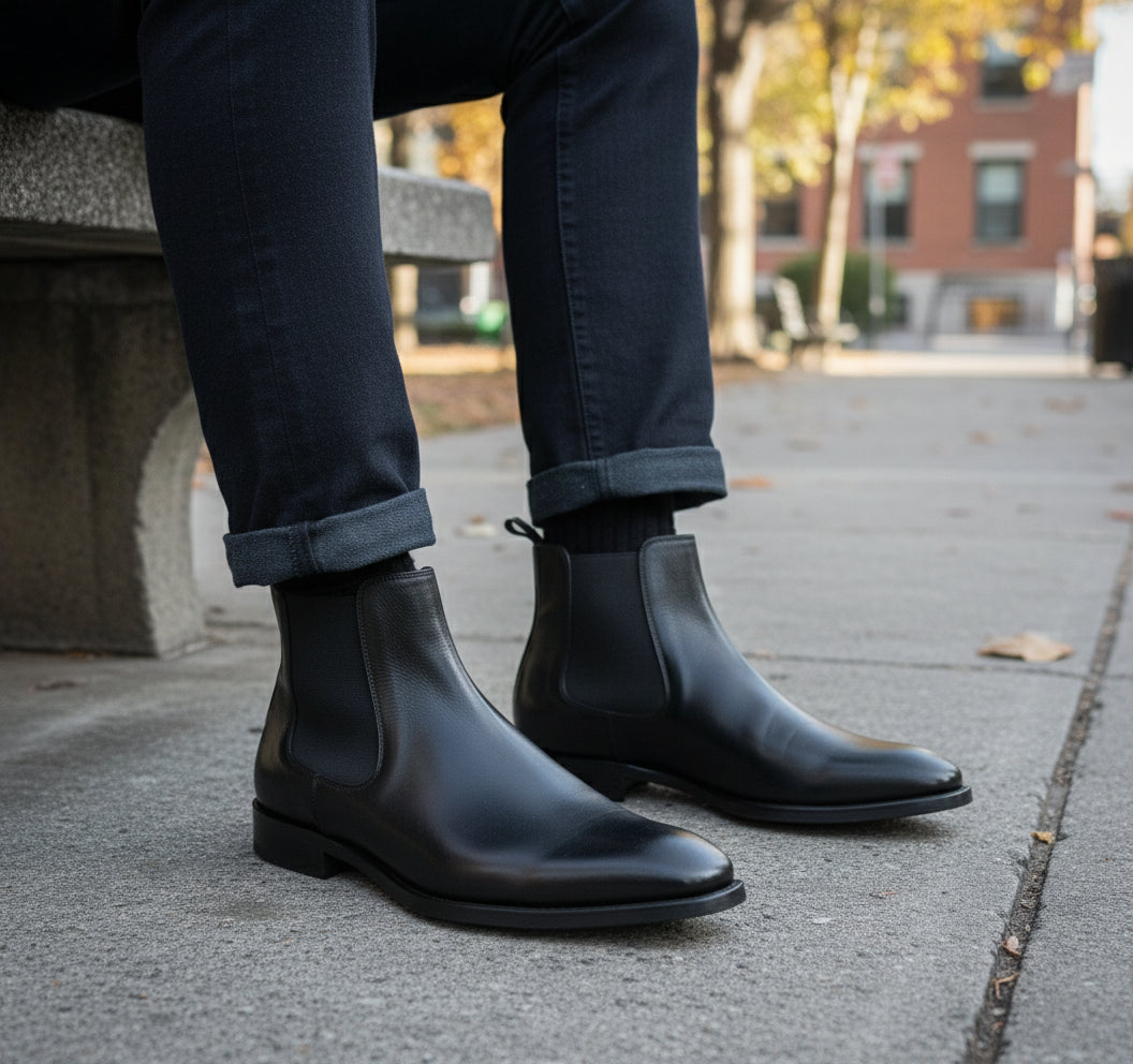 model-sitting - Men's Black Leather Chelsea Boots