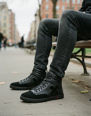 model-sitting - Men's Black Leather High-Top Motorcycle Sneakers