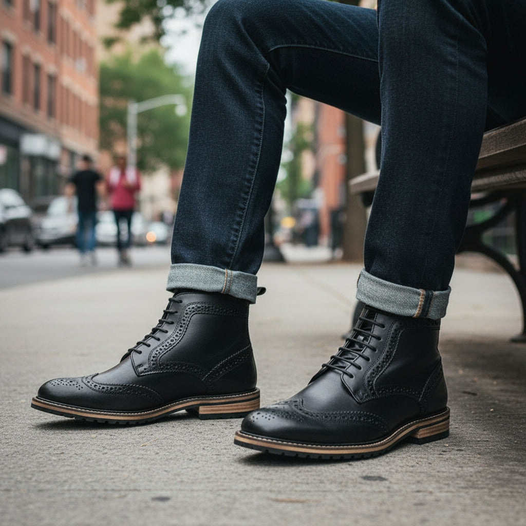 model-sitting - Men's Black Leather Lace-Up Boots