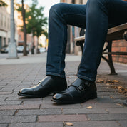 model-sitting - Men's Black Leather Monk Strap Shoes