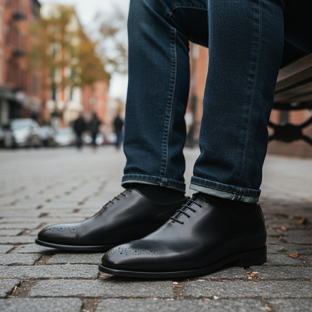 model-sitting - Men's Black Leather Oxford Brogue Shoes