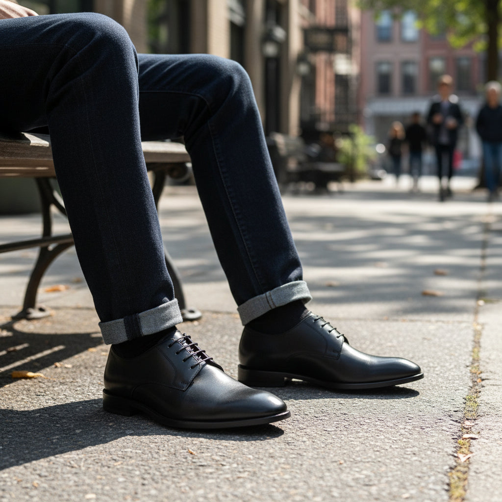 model-sitting - Men's Black Leather Oxford Dress Shoes