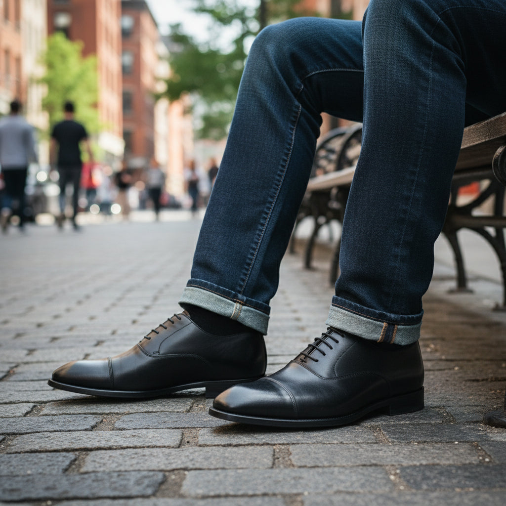 model-sitting - Men's Black Leather Tuxedo Oxford Shoes
