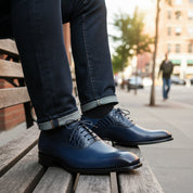 model-sitting - Men's Blue Leather Lace-Up Dress Shoes