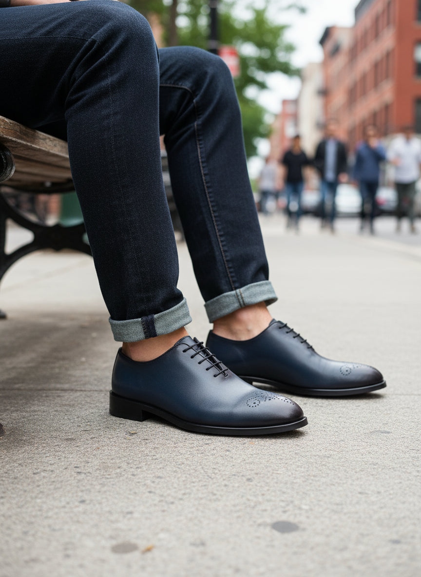 model-sitting - Men's Blue Leather Oxford Dress Shoes