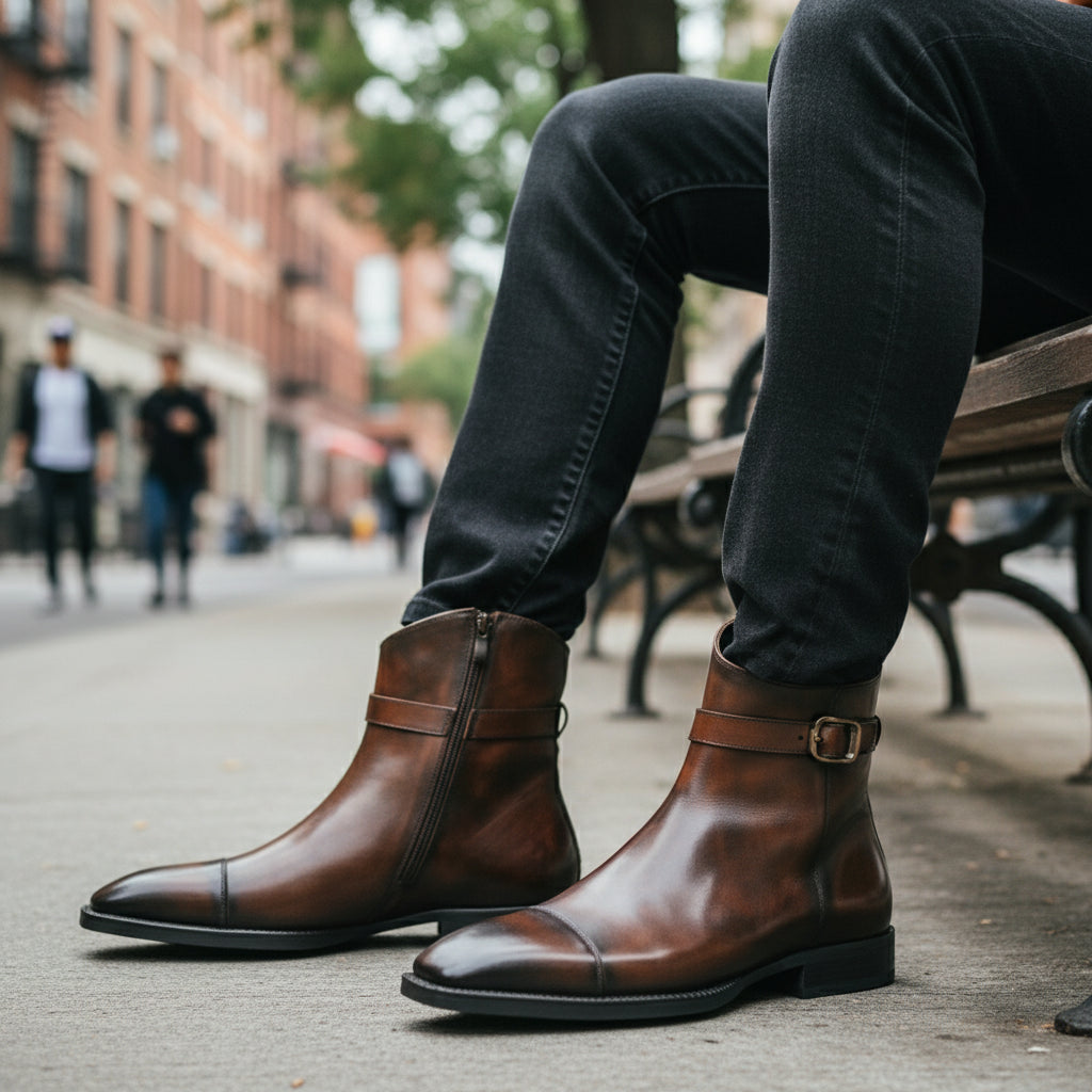 model-sitting - Men's Brown Leather Ankle Boots