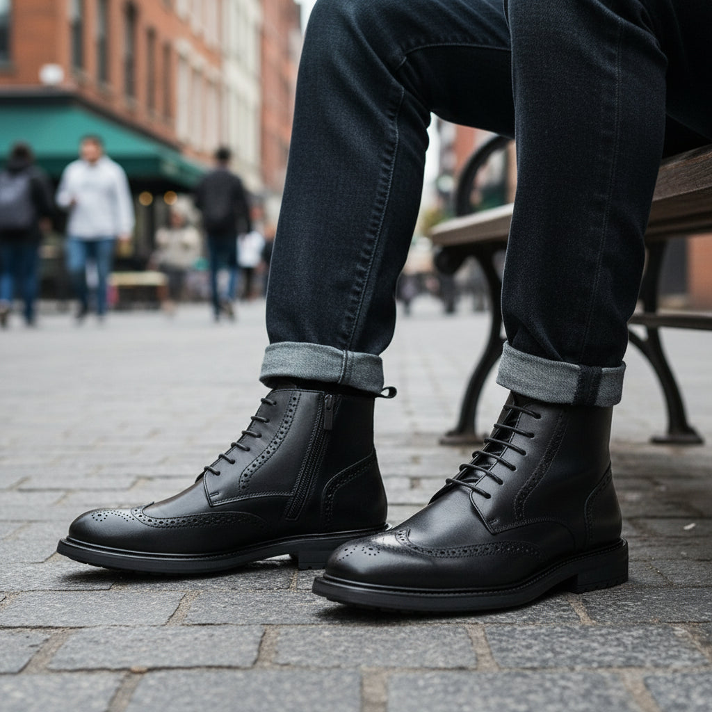 model-sitting - Men's Brown Leather Brogue Boots