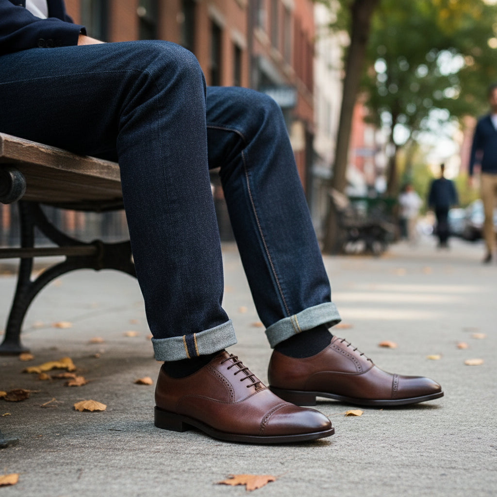 model-sitting - Men's Brown Leather Cap-Toe Oxford Shoes