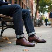 model-sitting - Men's Brown Leather Cap-Toe Oxford Shoes
