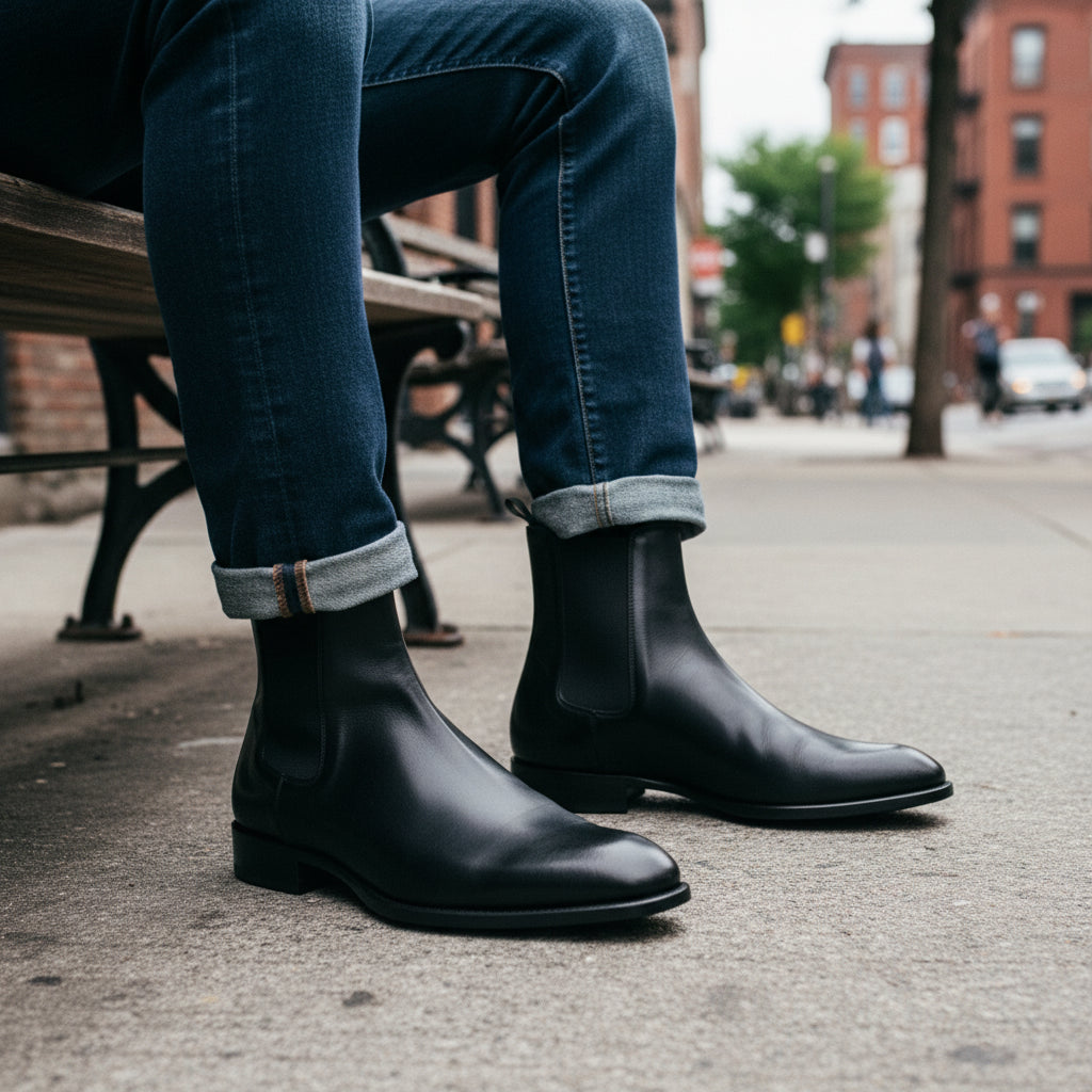 model-sitting - Men's Brown Leather Chelsea Boots