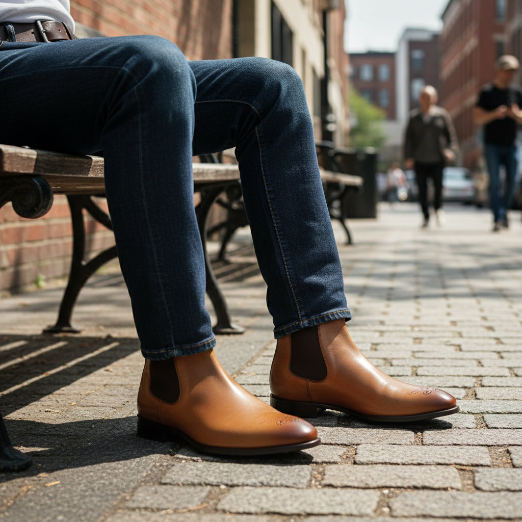 model-sitting - Men's Brown Leather Chelsea Boots