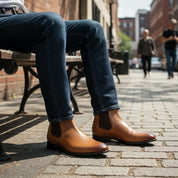 model-sitting - Men's Brown Leather Chelsea Boots