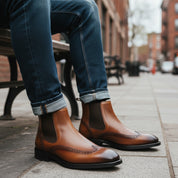model-sitting - Men's Brown Leather Chelsea Boots