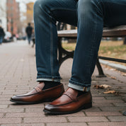 model-sitting - Men's Brown Leather Classic Loafer Shoes