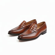 model-sitting - Men's Brown Leather Moccasin Dress Shoes