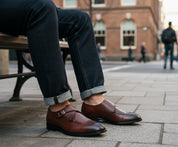 model-sitting - Men's Brown Leather Monk Strap Shoes