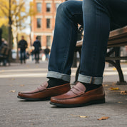 model-sitting - Men's Brown Leather Penny Loafer Shoes
