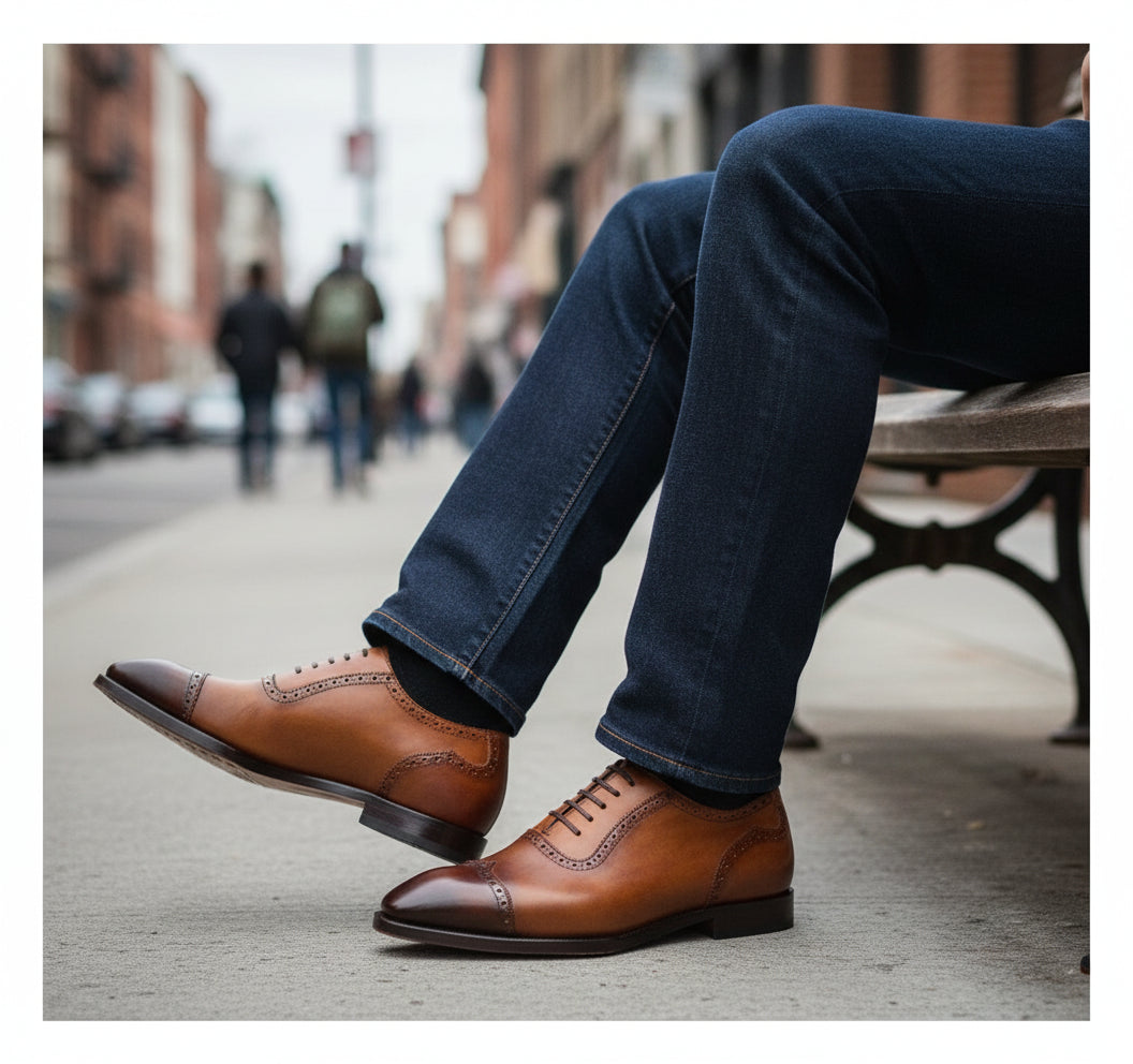 model-sitting - Men's Brown Leather Wingtip Brogue Dress Shoes